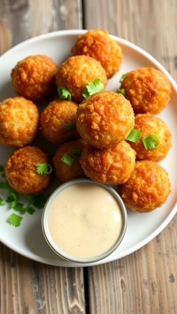 Crispy tuna rice bites on a plate with herbs and dipping sauce.